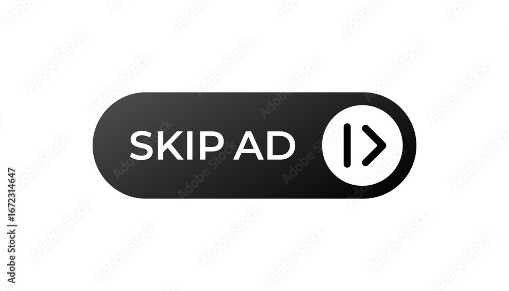 Poster a sleek skip ad button designed for video streaming sites. it features iconic play and text.
