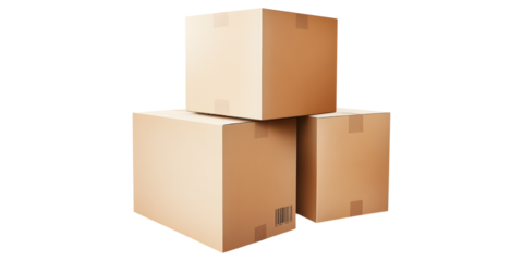 Three cardboard boxes stacked on a transparent background