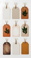 Elegant tags with leaves and string for gifts or product labeling and decoration purposes