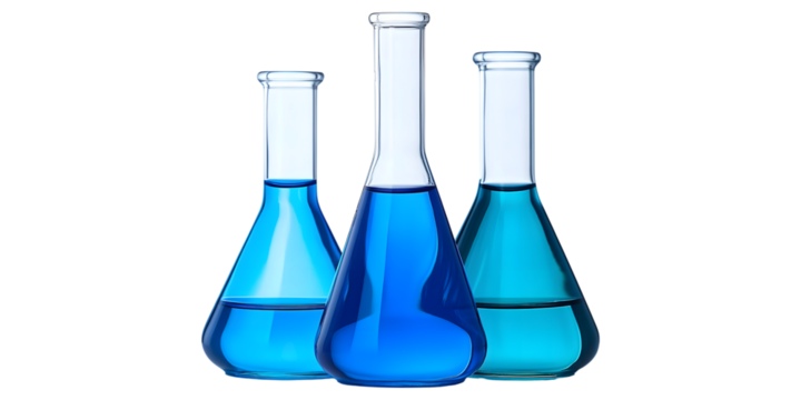 Three laboratory flasks with blue liquid isolated on transparent background