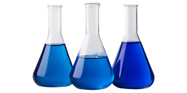 Three laboratory flasks with blue liquid isolated on transparent background