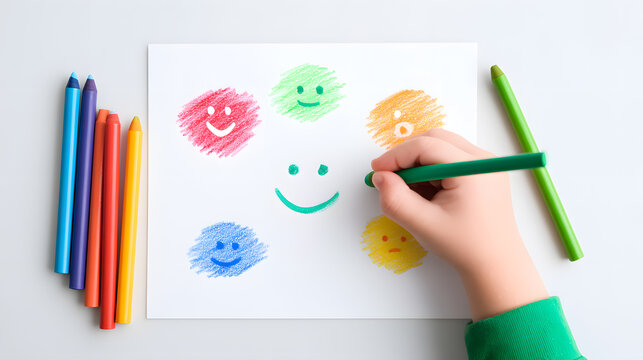 Child drawing colorful emoji faces on paper. Educational activity to explore feelings and emotional awareness.