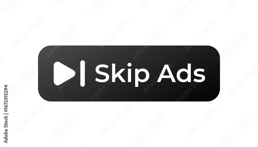 Aufkleber illustration of a play button and skip ads text on a rectangular sign with a dark border.