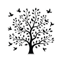 Obraz premium Silhouette of a tree with birds flying and perched