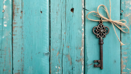 The key has an ornate bow with a rectangular shape and a simple, elongated shaft leading to a classic bit. Next to the key is a wooden tag attached by a metal loop..