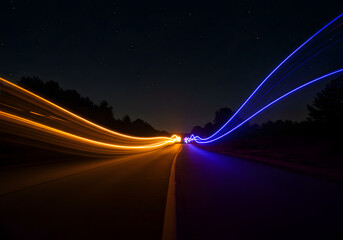 Night highway scene, vibrant streaks of light from moving vehicles, contrasting blue and orange trails.