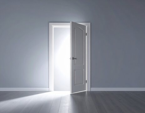 Puerta entreabierta iluminada desde dentro con un haz de luz, transmitiendo intriga y curiosidad