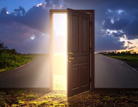 Puerta entreabierta iluminada desde dentro con un haz de luz, transmitiendo intriga y curiosidad