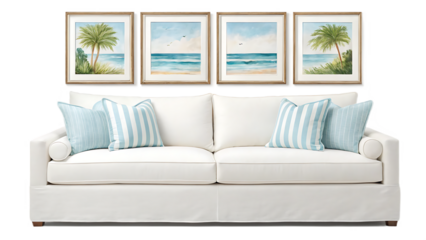 White sofa with coastal art and striped pillows isolated on transparent background