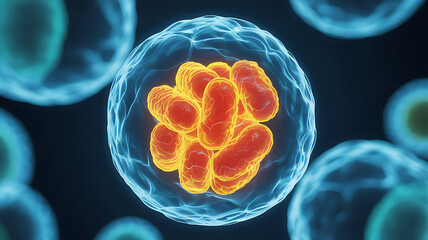 3d rendering of mitochondrial cluster inside biological cell showing energy metabolism structure cristae and powerhouse function in cellular biology research