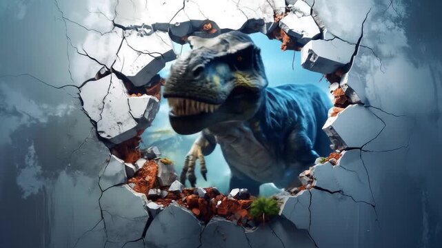 Dinosaur breaks through cracked concrete wall