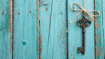 The key has an ornate bow with a rectangular shape and a simple, elongated shaft leading to a classic bit. Next to the key is a wooden tag attached by a metal loop..