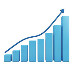 Blue 3d bar chart with upward trend line isolated on transparent background