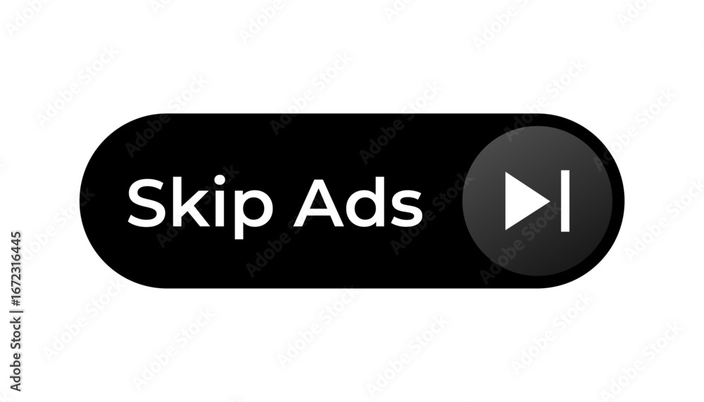 Aufkleber a digital button icon labeled skip ads with a play symbol used on video streaming platforms.
