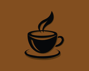 A stylish black coffee cup icon with steam rising, set against a warm brown background, perfect for coffee shop branding, digital menus, or cozy morning cafe-themed designs.