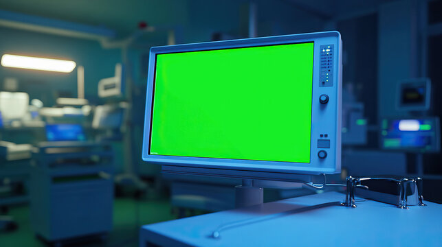 Ultra-realistic photo of hospital medical monitor with green screen data display