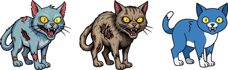 Zombie cats cartoon illustration with glowing eyes, exposed ribcages, stitched mouths, horror theme, undead feline creatures, spooky vector art