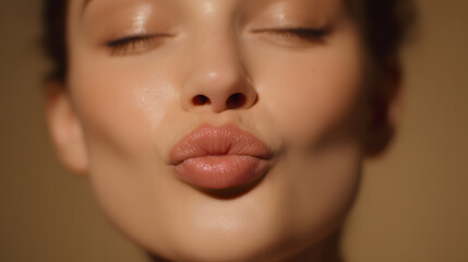 Cinematic close-up of woman’s face with glossy lips sending kiss. Hyper-realistic beauty shot for cosmetics, skincare or feminine campaign visuals.