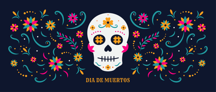 Dia de Muertos, the Mexican Day of the Dead festival, features sugar skull and calaca art with vibrant flowers. A cultural vector banner from Mexico honoring death, rooted in Ispanica, Ispaniche.