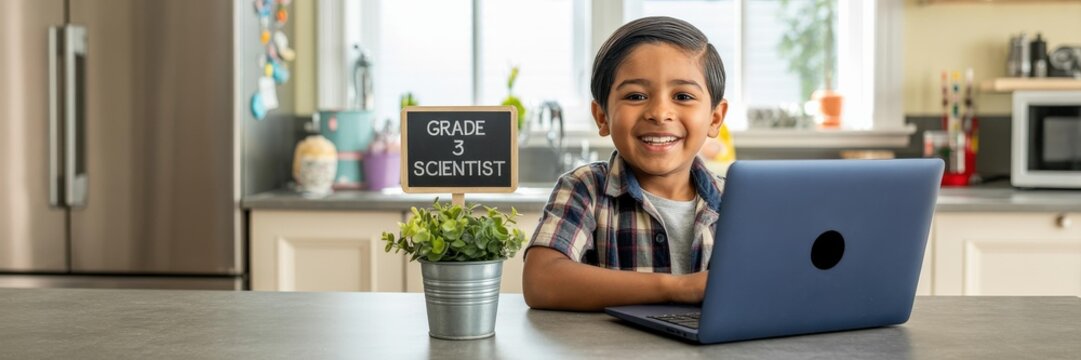 Smiling 8-year-old boy plaid shirt blue laptop chalkoard reading "GRADE 3 SCIETIST" sunlit modern kitche &mdash; lifestyle education phoo website banner/landing pge left copy space, elemenary STEM tutoring