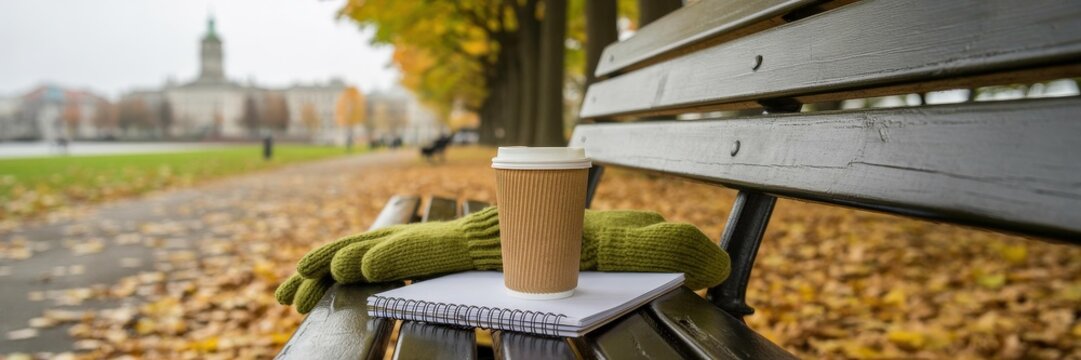 Cozy autumn coffee break &mdash; takeaway to-go cup woodenpark bench green knit glovs & spiral notebook, falle leaves, bokeh city backgrund, copy space &mdash; banner/hro image cafe seasonal men, social post, out