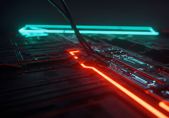 Neon-lit circuit board with glowing red and teal pathways.