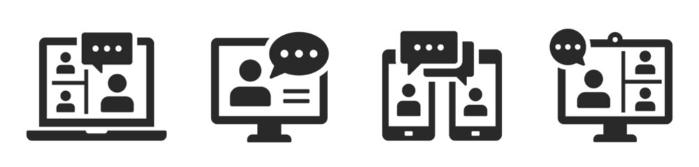 Online conference icon set. Video meeting, interview, digital communication, webinar, device screen, seminar - stock vector.
