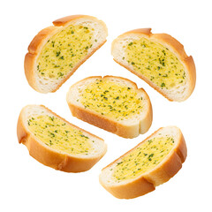 Floating Garlic Bread Slices isolated on white or transparent background. PNG