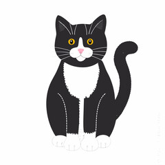 Cute cartoon tuxedo cat sitting and looking forward