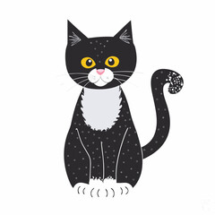 Cute cartoon black cat with white chest and polka dots