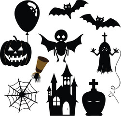 Collection of black and white halloween themed graphics and icons