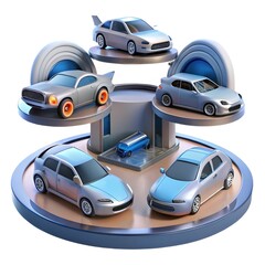 Obraz premium Collection of miniature realistic model cars displayed on a multi-level rotating stand for enthusiasts