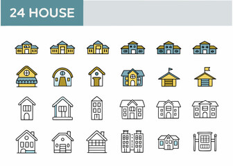 Fototapeta premium Collection of 24 different house and building icons with a simple outline and color fill