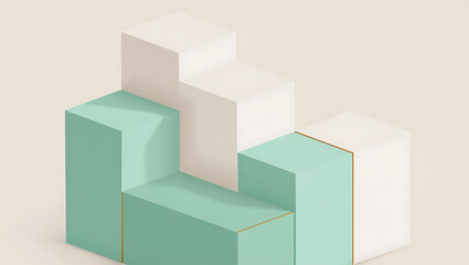 A stepped arrangement of geometric blocks, alternating between mint green and white with subtle gold trim, creating a staircaselike structure on a neutral beige background