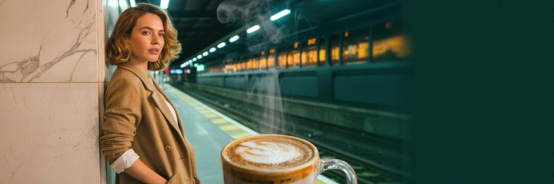 Editorial Hero/Banner &mdash; Young Caucasian Woman (20s&ndash;3s) Short Wavy Blonde Hair amel Coat, Steaming Latte atte Art Glass Mug Subway latform, Morning Urban Comute, Cinematic Bokeh, CopySpace Right