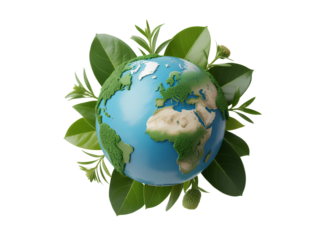 Earth Globe Surrounded by Green Leaves planet world isolated on a transparent background