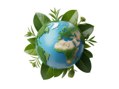 Earth Globe Surrounded by Green Leaves planet world isolated on a transparent background