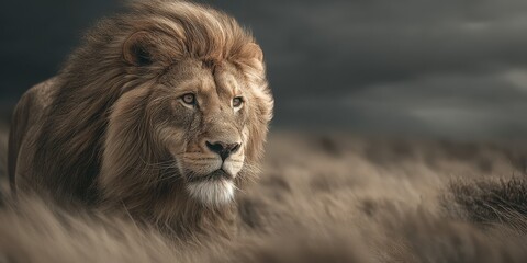 Fototapeta premium Majestic lion surveying the savannah under dramatic skies during early morning hours