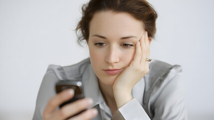 Woman looking tired while scrolling smartphone. Concept of digital burnout, screen fatigue, or emotional exhaustion caused by constant phone use.