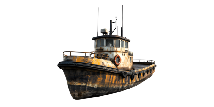 Old rusty tugboat isolated on transparent background