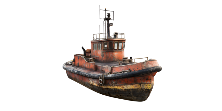 Old rusty tugboat isolated on transparent background