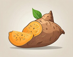 A whole sweet potato and a slice are presented in an illustration style.