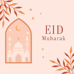 Eid mubarak greeting card with mosque and crescent moon