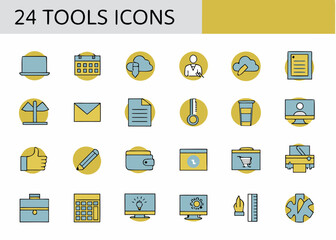 Collection of 24 flat design icons for tools and business