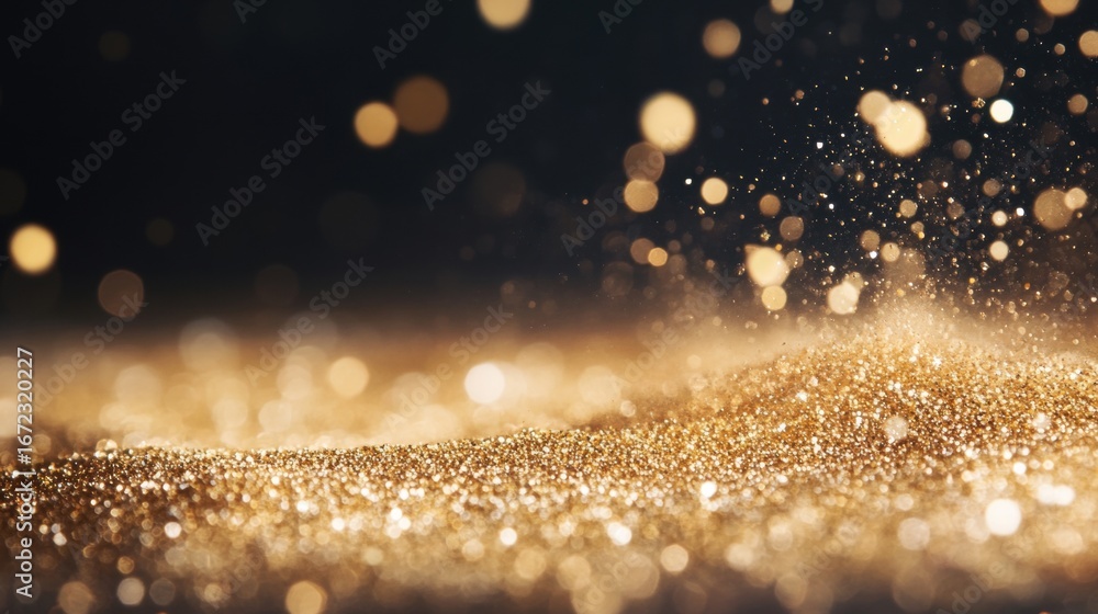 Poster glittering gold particles create a shimmering surface in a soft light