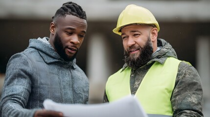 Contractor and investor discussing plans on a housing development site