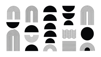 Modern minimalist collection of abstract geometric shapes featuring arches, circles, and half-circle patterns in a clean black and white design for contemporary art and decor projects
