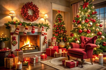 Cozy christmas living room with fireplace and decorated tree