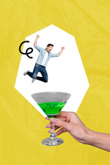 Trend artwork sketch design montage 3D collage of weekend clubber entertainment event carefree young man jump huga hand hold martini glass
