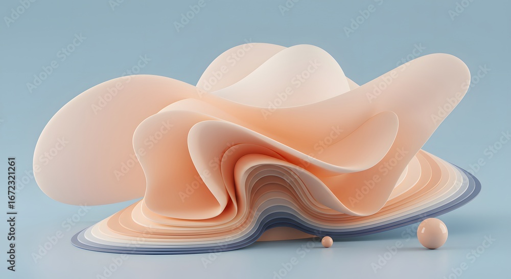 Poster abstract 3d render peach and blue layered forms with smooth curves and spheres